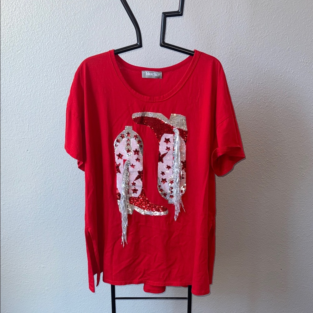 Blue Bay Red Sequin Fringe Western Boot Tunic Top